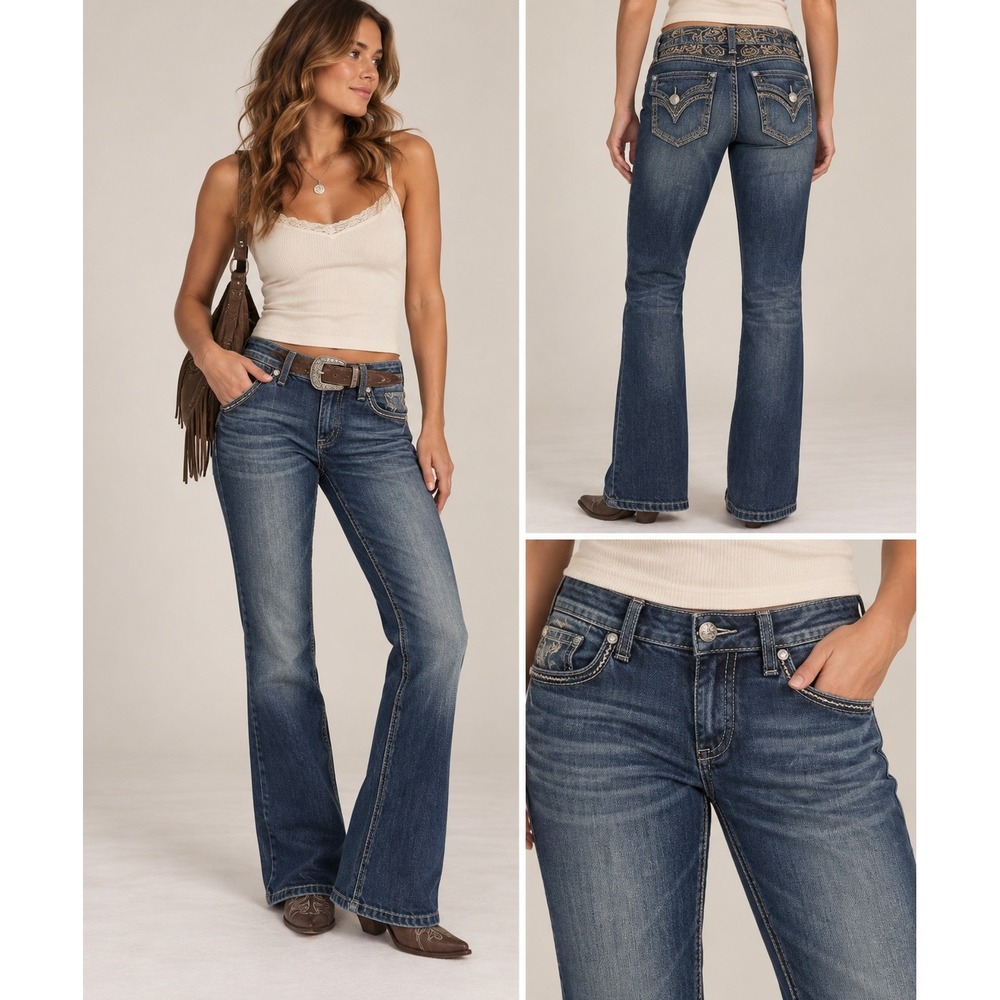 Rock 47 by Wrangler Jeans Women 5/34 Blue Ultra Low Rise Western Y2K Rodeo